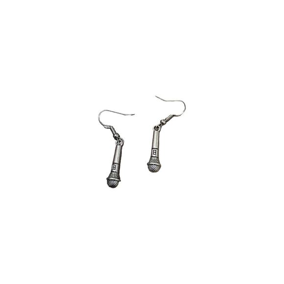 Retro Novelty Microphone Silver Dangle Earrings - Picture 1 of 3